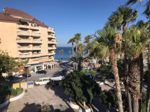 uma vista para uma rua com palmeiras e o oceano em Hotel Playa San Cristóbal em Almuñécar