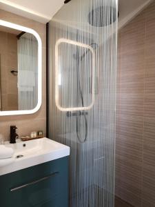 ein Bad mit einer Dusche, einem Waschbecken und einem Spiegel in der Unterkunft Les Secrets Château Pey La Tour - LOGIS HOTELS in Salleboeuf