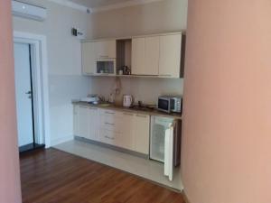 eine Küche mit weißen Schränken und einer Arbeitsplatte in der Unterkunft Villa di montagna in Herceg-Novi