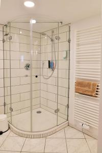La salle de bains est pourvue d'une douche avec une porte en verre. dans l'établissement Annis Wohnschlösschen, à Mainhausen