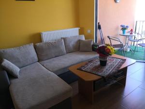 a living room with a couch and a table at Apartament Sova in Międzyzdroje