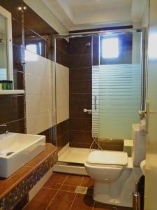 a bathroom with a shower and a toilet and a sink at Yannis Apartments in Afitos +100 photos