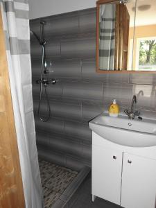 a bathroom with a sink and a shower at Napfény Apartman in Sárospatak