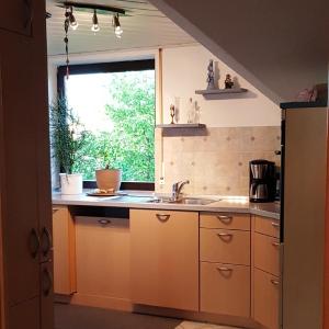eine Küche mit einem Waschbecken und einem Fenster in der Unterkunft Ferienwohnung In Bestform in Merkendorf