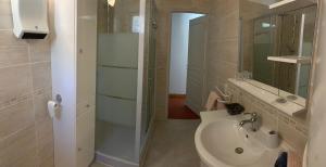 a bathroom with a sink and a shower and a toilet at Appartement l’étoile in Moustiers-Sainte-Marie +2 photos
