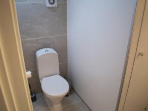 a bathroom with a white toilet in a stall at Siloen - cosy apartment in Herand in Herand +38 photos