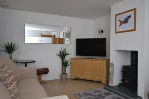 a living room with a television on a wooden cabinet at The Coach House Annexe in Llangollen
