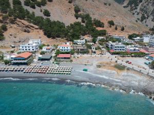 una vista aérea de una playa con un complejo en Gigilos, en Agia Roumeli