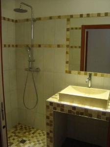 een badkamer met een douche en een wastafel bij PIETROSELLA Plage du RUPIONE in Pietrosella +9 foto's