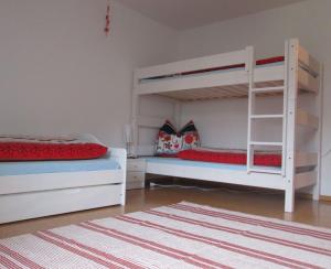 a bedroom with two bunk beds and a rug at Ferienwohnung Steible in Isny im Allgäu