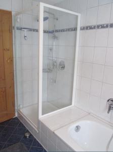 a white bathroom with a shower and a sink at Ferienwohnung Steible in Isny im Allgäu