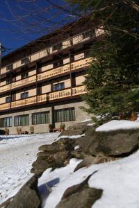 a large building with snow in front of it at Vila Creasta Cocosului in Păltiniş