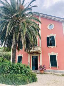una casa rosa con una palma di fronte di Villachiara a Silvi Marina