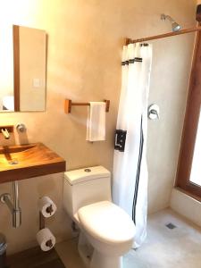 La salle de bains est pourvue d'une douche et de toilettes. dans l'établissement Hotel Buenavista Bacalar - Yoga & Meditation Included, à Bacalar