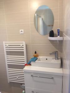 ein Badezimmer mit einem weißen Waschbecken und einem Spiegel in der Unterkunft Magnifique Studio in Sète