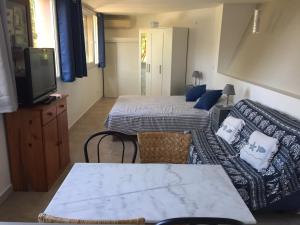 Zimmer mit 2 Betten, einem Sofa und einem TV in der Unterkunft Magnifique Studio in Sète
