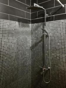 a shower in a bathroom with black and white tiles at Bahama Breeze Beach Apartment in Cap Malheureux