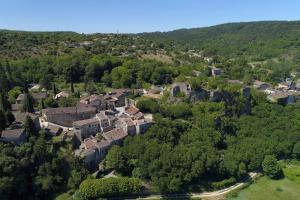 une vue aérienne sur une ville avec des arbres et des maisons dans l'établissement Les Cigalous, à Salavas