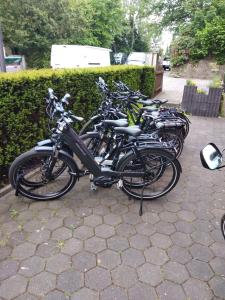 a row of motorcycles parked next to a hedge at Bergcafè - Hotel Kammann in Essen +11 photos