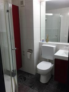 a bathroom with a toilet and a sink and a mirror at Disentis mountain view in Disentis