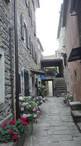 an alley with flowers on the side of a building at Rooms Svalina in Grožnjan