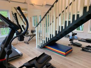 un gimnasio con cintas de correr y una escalera con equipo de ejercicios en Wetherly Inn & Spa, en Ganges