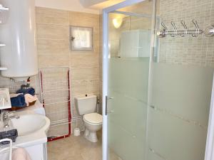 een badkamer met een douche, een toilet en een wastafel bij Appartement l’étoile in Moustiers-Sainte-Marie