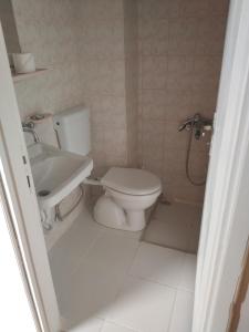 a bathroom with a toilet and a sink at Bircan Hotel in Bodrum City