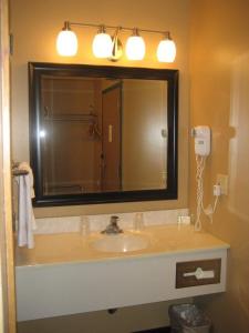 a bathroom with a sink and a large mirror at Pine View Resort in Monticello
