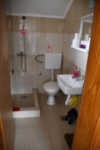 e bagno con doccia, servizi igienici e lavandino. di Apartment and rooms Konak a Višegrad