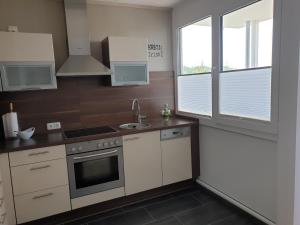 バート・ラウターベルクにあるApartment Lauterblickの白いキャビネット、シンク、窓付きのキッチン