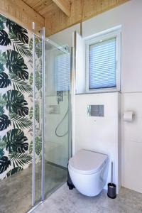 a bathroom with a toilet and a glass shower at SEI VENTI in Białogóra
