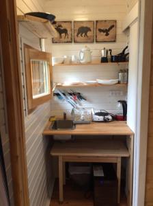 a kitchen with a sink in a tiny house at Mohatetős Lombház in Üröm