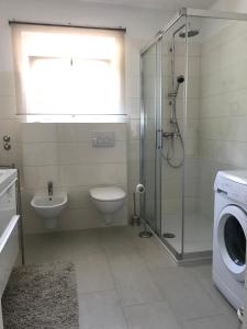 a bathroom with a shower toilet and a washing machine at Apartman Blazek Kastav in Kastav