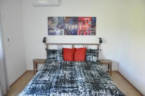 ein Schlafzimmer mit einem Bett mit roten Kissen in der Unterkunft Vas Lipa 7 -30 in Podčetrtek
