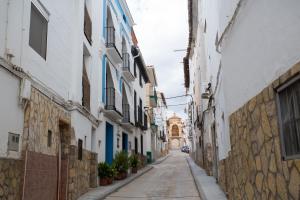 a narrow alley with white buildings and plants at Casa Rural La Casona in Urrea de Gaen