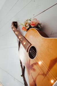 uma guitarra sentada numa parede ao lado de flores em BeachBude Apartments em Timmendorfer Strand