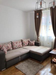 sala de estar con sofá frente a una ventana en CASA ALISE-LUISE, en Brasov