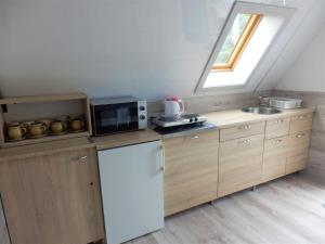 a kitchen with a refrigerator and a microwave at Podkrovní apartmán v Zátiší in Doksy