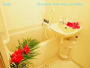 un baño con lavabo y una planta con flores rojas en Yakushima Cottage Kukai, en Yakushima