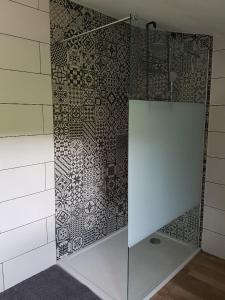 een douche met een glazen deur in een badkamer bij En plein maquis,entre mer&montagne in Vallecalle