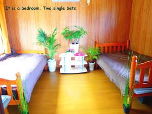 a room with two beds and potted plants at Yakushima Cottage Kukai in Yakushima