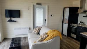 a living room with a couch and a kitchen at A Wave From it All in Port Saunders