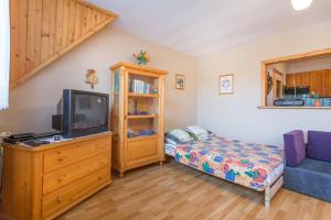 1 dormitorio con 1 cama, TV y sofá en Apartamenty Nowotarskie, en Zakopane