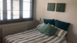 1 dormitorio con 1 cama con almohadas azules y blancas en APARTAMENTO CÉNTRICO EN OLOT, en Olot