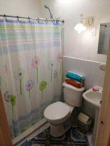 a bathroom with a toilet and a shower curtain with flowers at Hostal Trista 117 in Santa Clara
