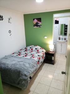 Pozo AlmonteにあるSALITRE SPAの緑の壁、ベッド付きのベッドルーム1室
