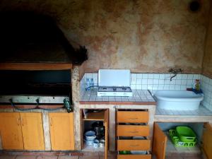 a small kitchen with a stove and a sink at Kmetija Medljan in Izola