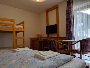 a bedroom with a bed and a desk and a bunk bed at Apartmany JaJ-Bavorsko in Mitterfirmiansreut