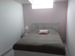 a bedroom with a bed with a pink pillow on it at Le Gîte Dameryat in Damery